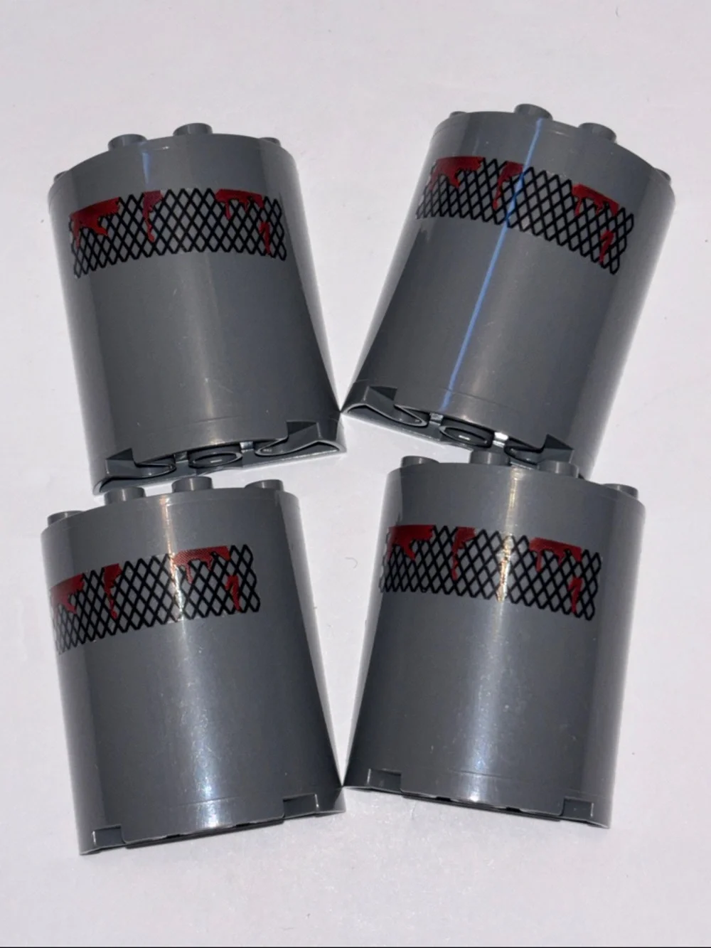 LEGO Dark Bluish Gray Cylinder with Red and Black Mesh Print (4)